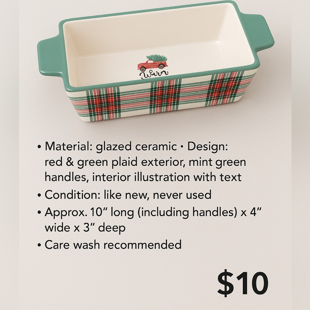 Mint Green Ceramic Baking Dish or home decor with Plaid Design